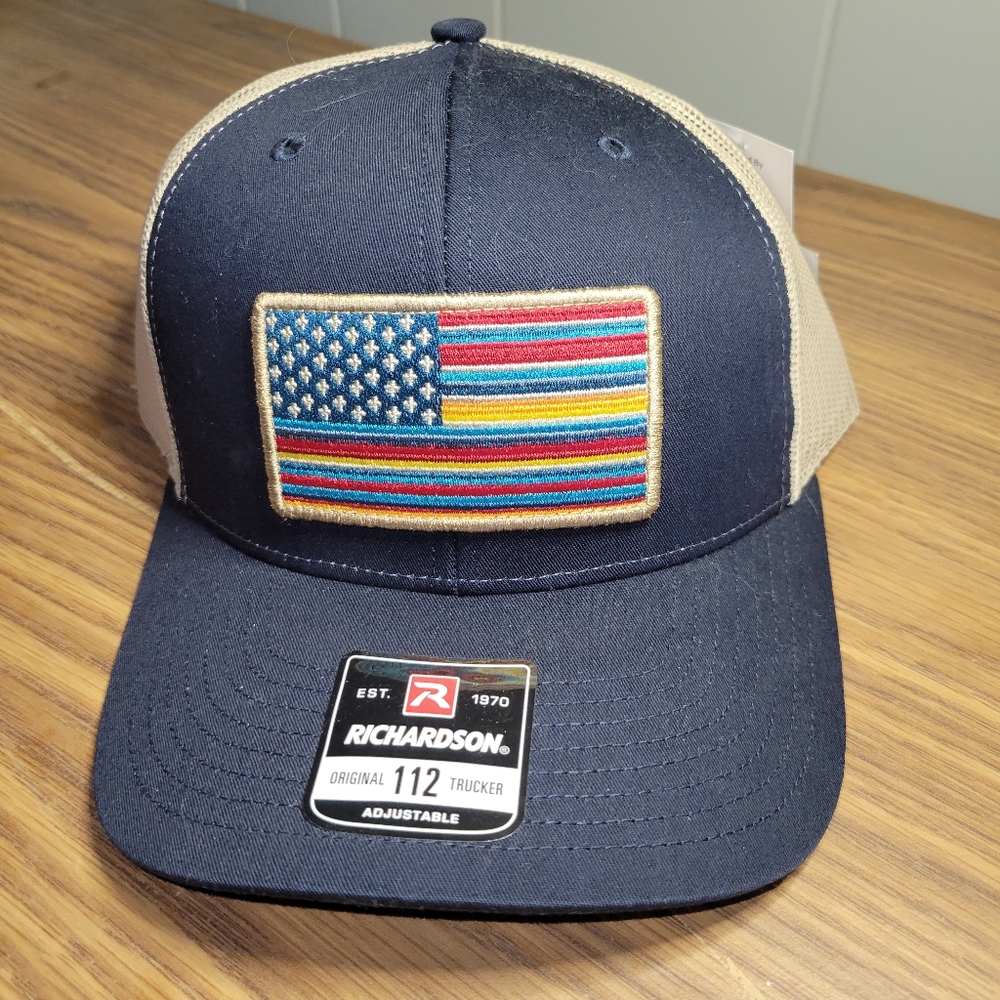 Ariat Trucker Hat Navy & Tan with American Flag NWT